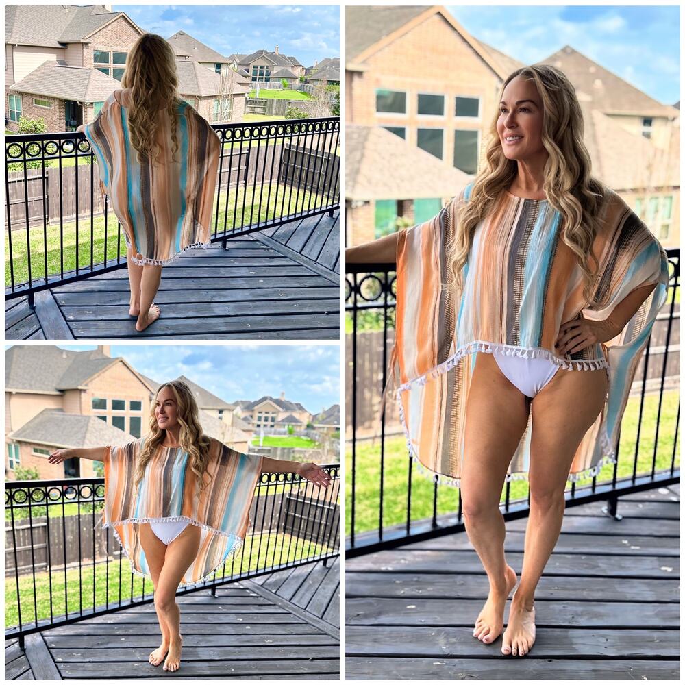 Beautiful Stripe Boho Tassel High Low Poncho Style Beach Cover Up SZ M/L